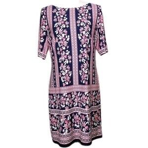 Eliza J Shift Dress 10 P Short Sleeve Geometric Floral Pink Gold Zip Palm Beach